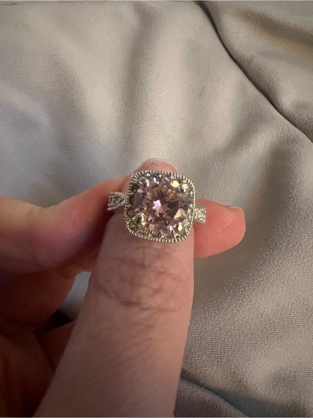 Silver Ring with Light Pink Cushion-Cut Stone